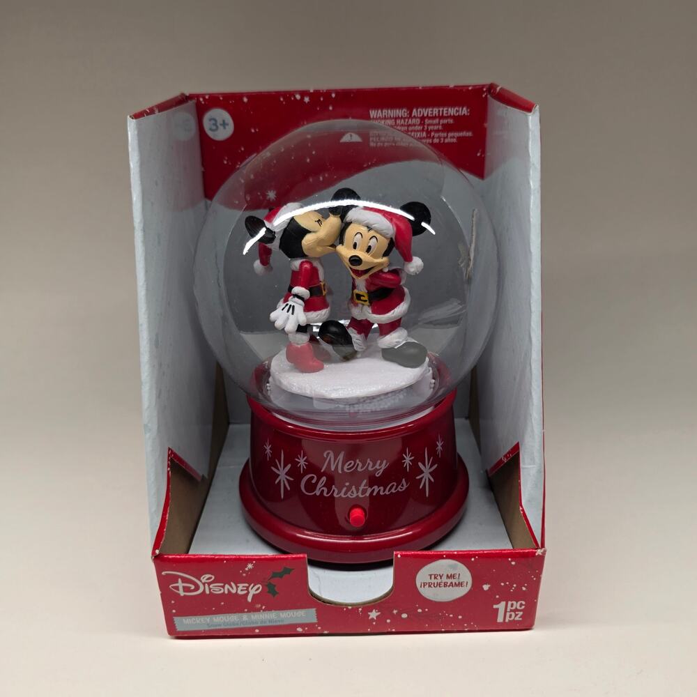 Disney Mickey & Minnie Christmas Snow Globe Musical Swirling Snow NIB